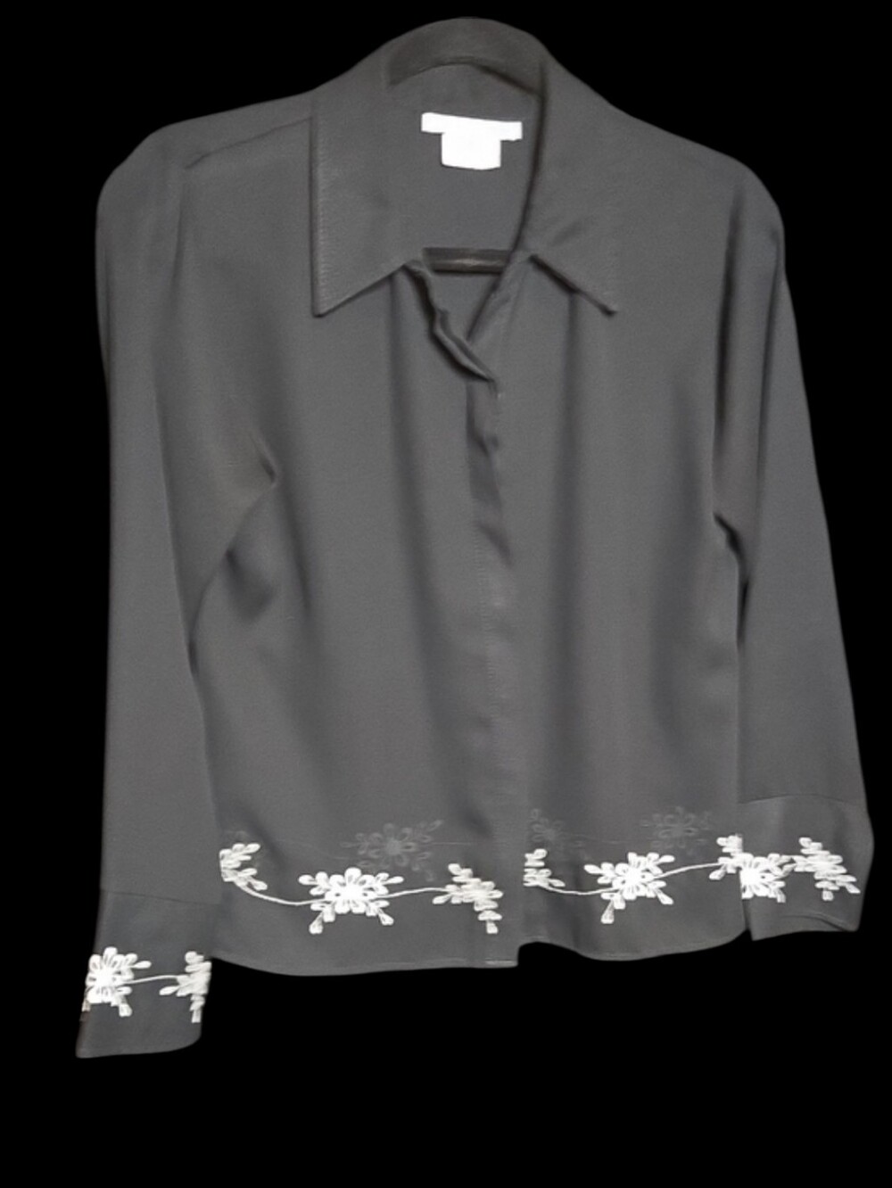 White House Black Market Black Button-Down Top with White Floral Trim